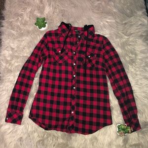 Medium Juniors Red Plaid Button Down w/Hood Women